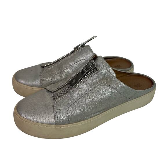 Frye Lena Slip On Mule Sneaker Size 7.5 Silver Metallic Zipper Leather Shoes - Picture 9 of 9
